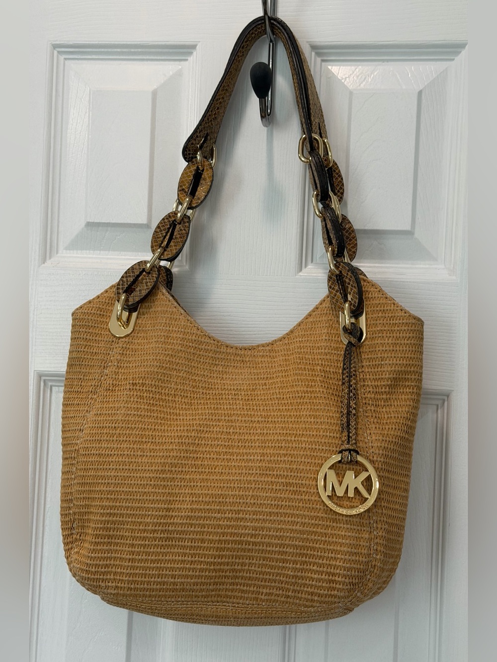 Michael Kors Tan Woven Shoulder Bag with Gold MK Charm